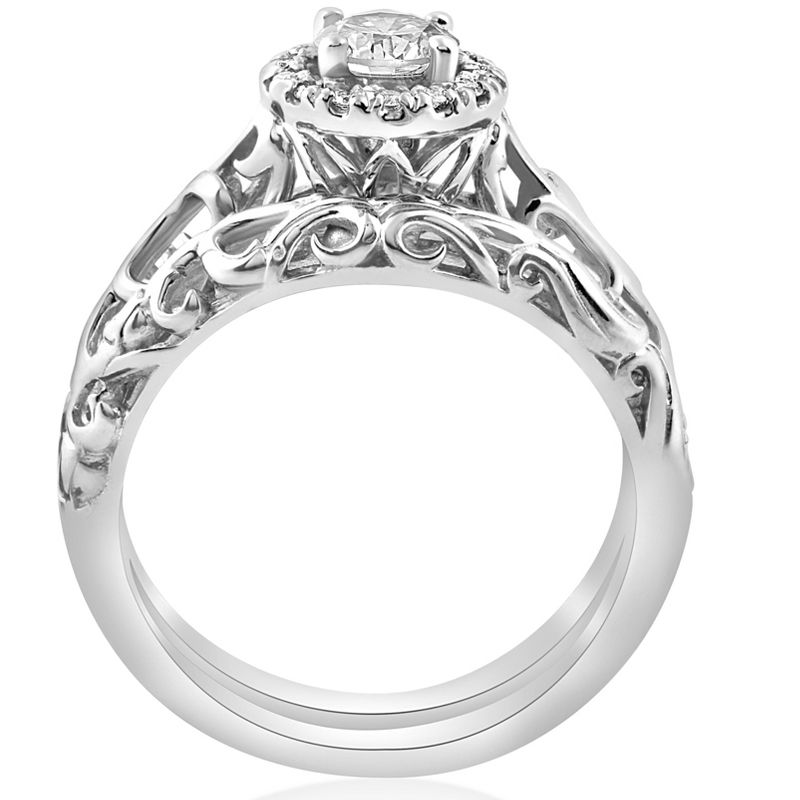 Pompeii3 5/8ct Round Diamond Vintage Engagement Wedding Ring Set 14K White Gold, 2 of 6