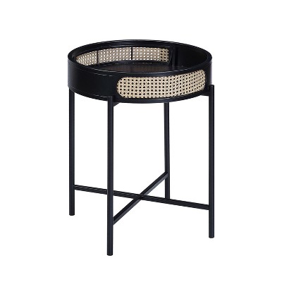 NicBex Wooden Top Mesh Border End Table with Metal Legs and Rattan Insert for Living Room