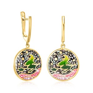 Ross-Simons Mother-Of-Pearl and Multicolored Enamel Witch On Broom Mosaic Drop Earrings in 18kt Gold Over Sterling - 1 of 4