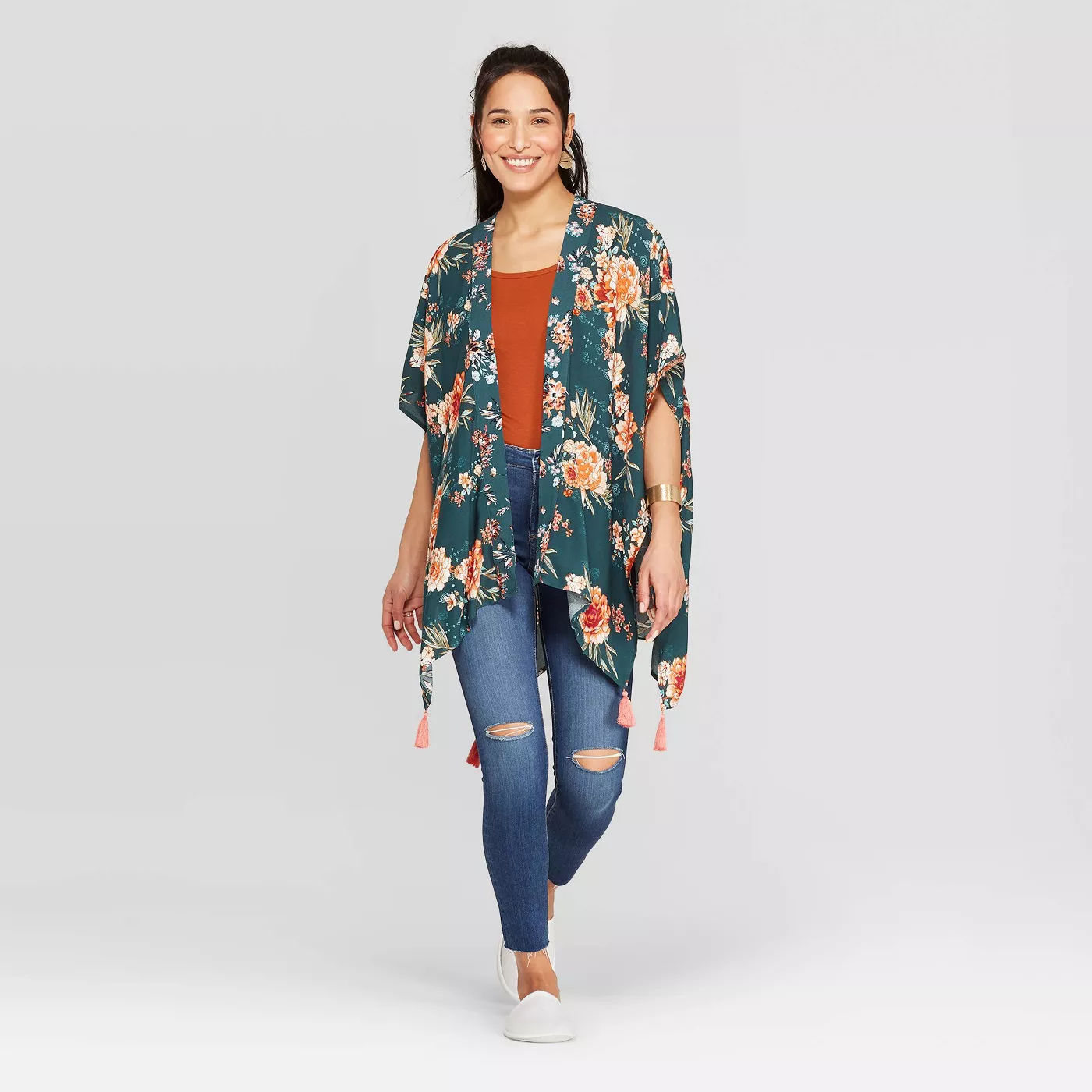 Women's Floral Print Elbow Sleeve Open-Front kimono Jacket - Knox Roseâ„¢ Green - image 1 of 2