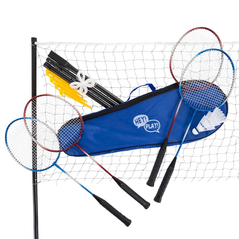 Toy Time All-in-One Portable Outdoor Badminton Game Set - Includes 4 Racquets, 3 Shuttlecocks, Regulation-Size Net, Ground Anchors, and Carrying Case, 1 of 8