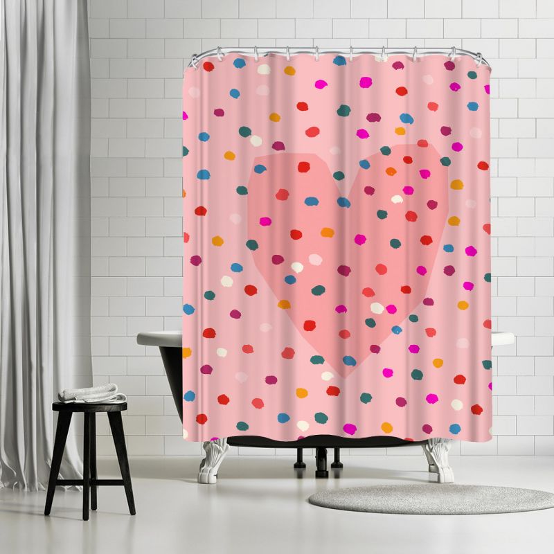 Americanflat 71" x 74" Shower Curtain, Rainbow Dotty Heart Pink by Paula Mills, 1 of 9
