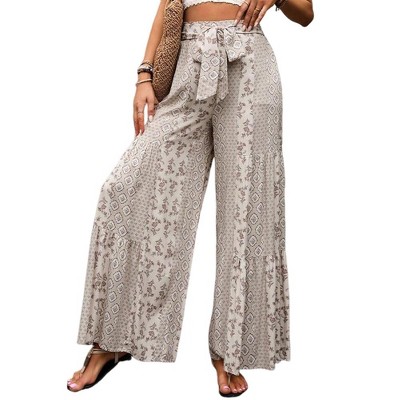 Women's High Waist Lace-Up Wide Leg Pants With Ethnic Style Casual Trousers