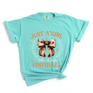 Simply Sage Market Women's Coquette Girl Who Loves Football Short Sleeve Garment Dyed Tee - 1 of 4