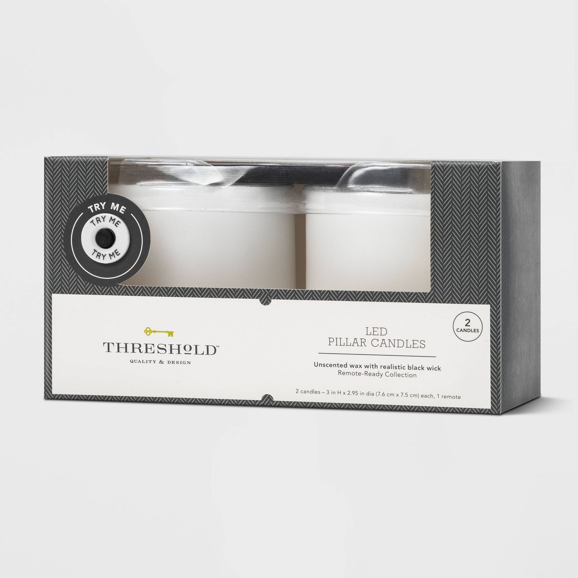 2pk 3" x 3" LED Flameless Black Wick Candles White - Threshold™: Wax Pillar, Battery Operated, Decorative
