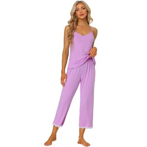 cheibear Women's Soft Cami Top and Capri Lace Trim Sleeveless Summer Pajama Set - 1 of 4