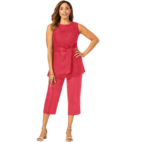 Jessica London Women's Plus Size Two Piece Sleeveless Tunic Top Capri Pants  Linen Blend Set - 18, Bright Red : Target
