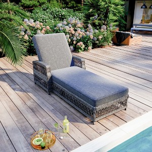 Whisen Outdoor Wicker Long Reclining Chaise with Armrests, Patio Adjustable Recliner with Soft Removable Cushions - 1 of 4