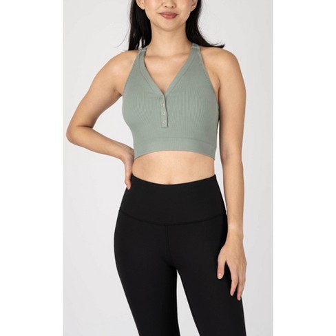 Yogalicious Sorority Girl Seamless Ribbed Button Henley Cropped Tank Top -  Lily Pad - X Large