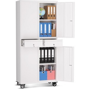 73'' Heavy-Duty Metal Storage Cabinet with Wheels, Locking Doors + 2 Drawers & Adjustable Shelves - Garage, Workshop, Office,White - 1 of 4