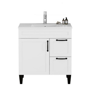 Gulches 31 in 1 Sink All-in-One Vanity White Bath Vanity with White Ceramic Top Soft Close Hinge Black Handle Feet - 1 of 4