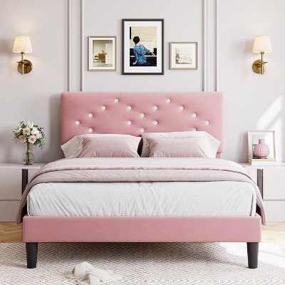 Twin/Full/Queen Size Velvet Upholstered Bed Frame with Tufted Headboard, Wood Slat Support, Noise-Free, Easy Assembly, No Box Spring Needed