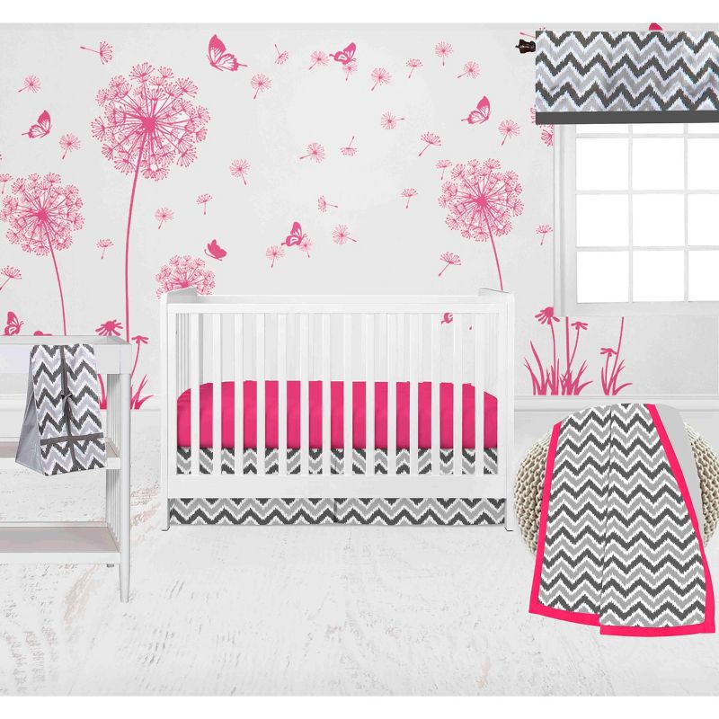 Bacati - Ikat Dots Leopard  Pink Grey Girls 10 pc Crib Set with 2 Crib Fitted Sheets 4 Muslin Swaddling Blankets, 1 of 11
