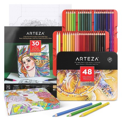 Arteza Premium Expert Portrait Coloring Set - 30 DIY Frame Sheets, 48 Colored Pencils, Set for Adults Kids Artists (ARTZ-3867)