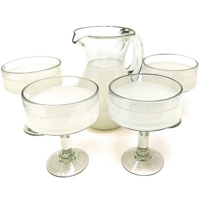 Dos Sueños Mexican Hand Blown Glassware Combo Set - Natural Pitcher and Margarita Glasses