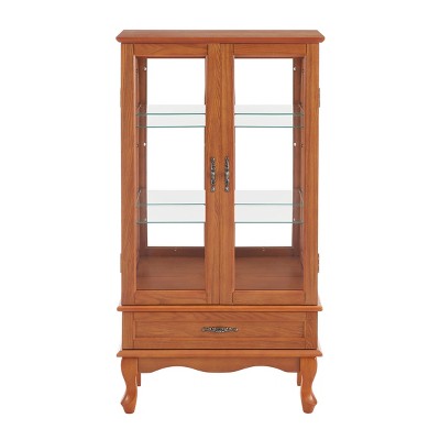 Vynxaria Cherry/Oak Illuminated Decorative Glass Storage Cabinet with Adjustable Shelves and Drawer