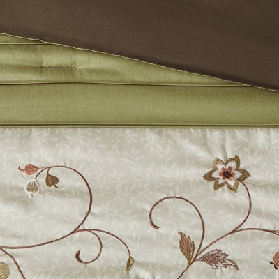 California King Green and Brown 7-Piece Embroidered Comforter Set