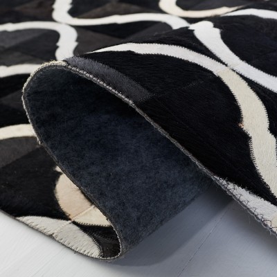 Hand-Knotted Black and Beige Geometric Cowhide Rug