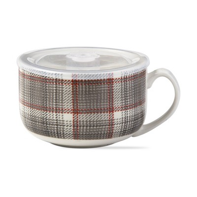 tagltd Winter Plaid Soup Mug W/ Lid Stoneware With Plastic Steam-Release Lid 16 oz
