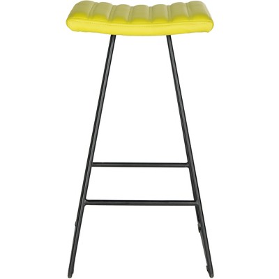 Citron Green Leather and Iron Backless Bar Stools, Set of 2