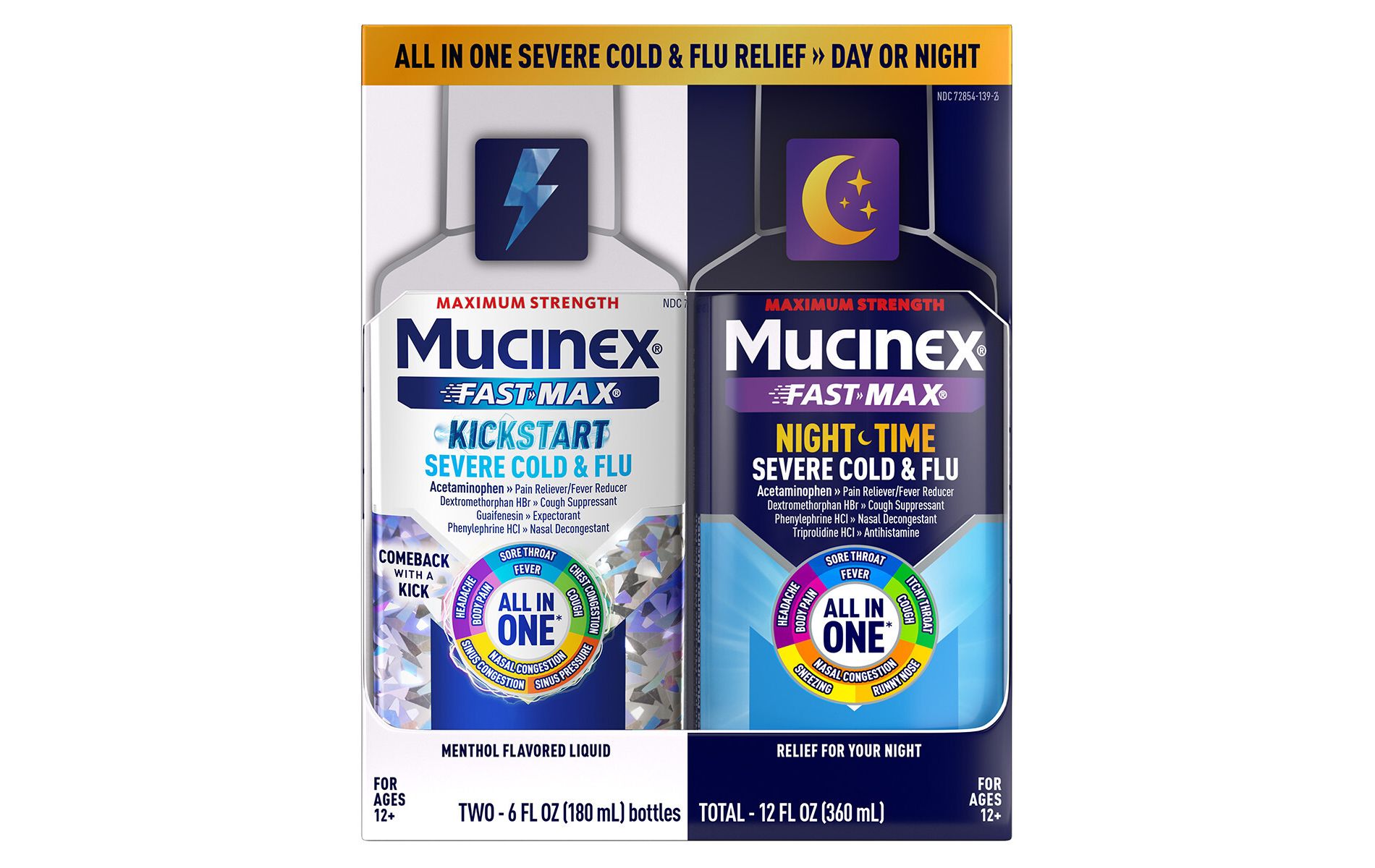 Mucinex All-in-One & Nightshift Kickstart Liquid Cold & Flu Treatment - 12oz