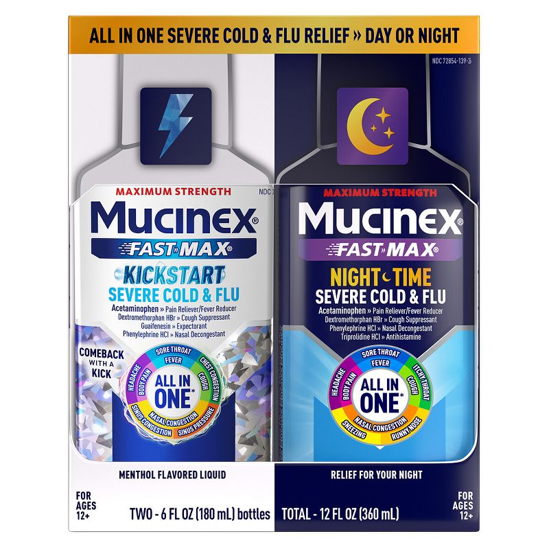 Mucinex All-in-One &#38; Nightshift Kickstart Liquid Cold &#38; Flu Treatment - 12oz, 1 of 7