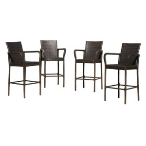 Delfina 4pk Wicker Barstool - Brown - Christopher Knight Home: UV & Weather-Resistant, Powder-Coated Frame - 1 of 4