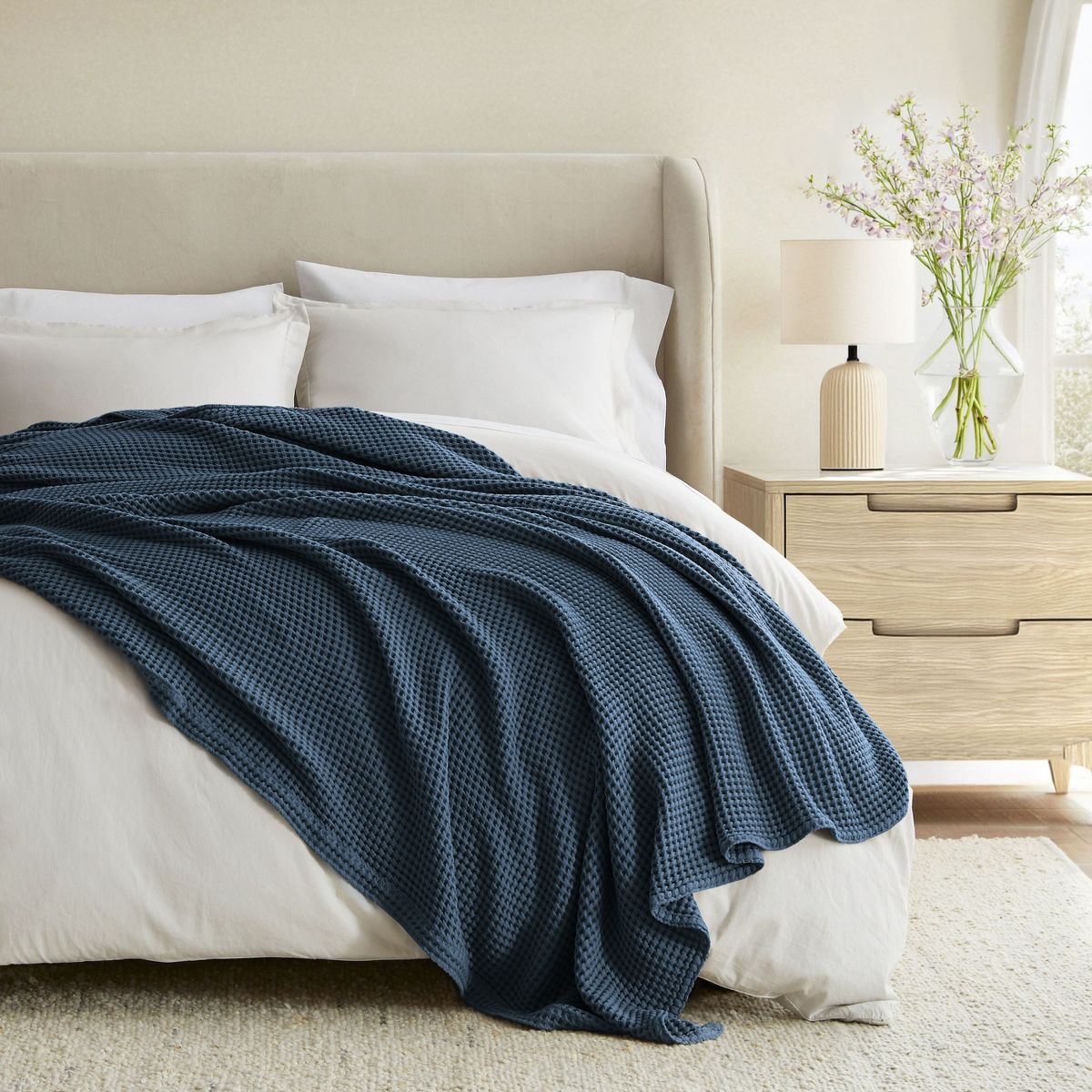 Waffle Blanket 100% Cotton, Soft Cozy Lightweight Bed Blanket for Bedroom, Couch or Chair, King, Queen, Twin, All-Season Woven Throw, Twin, Navy