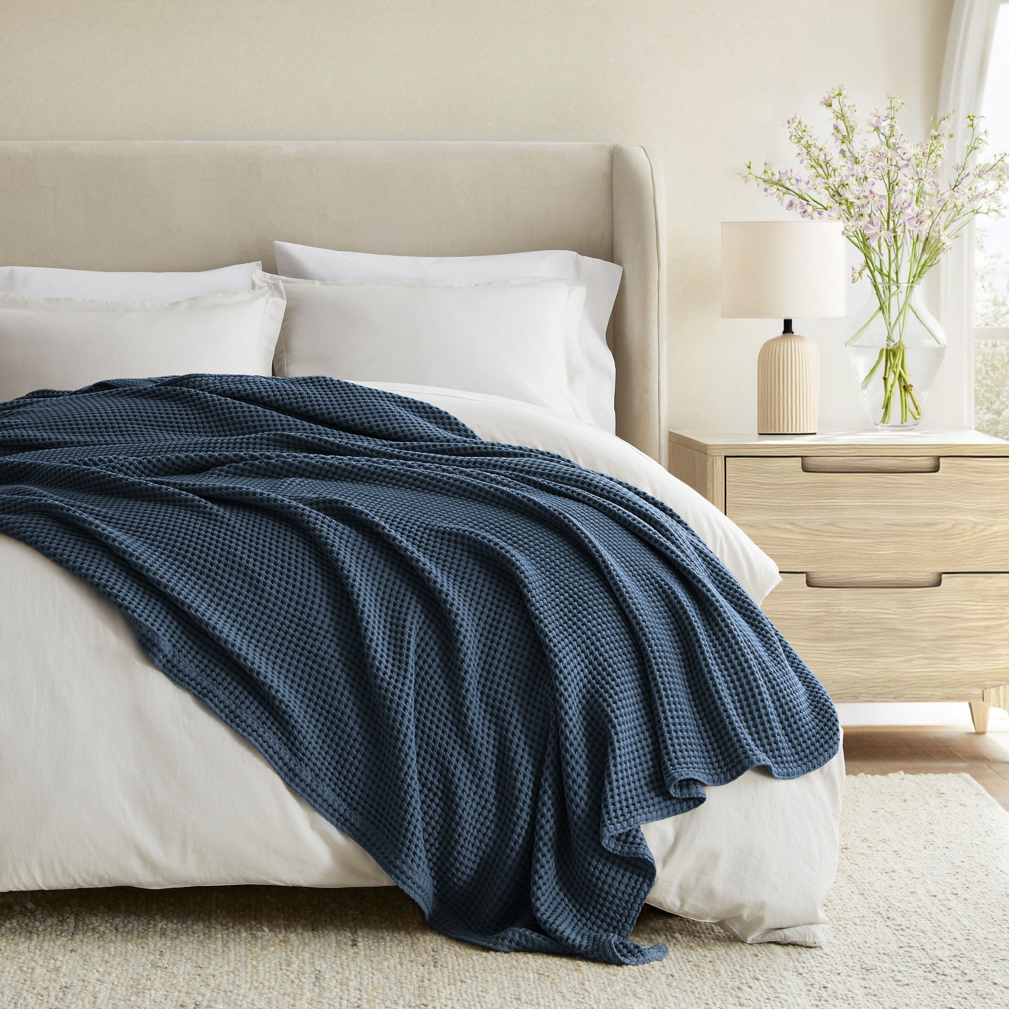 Waffle Blanket 100% Cotton, Soft Cozy Lightweight Bed Blanket for Bedroom, Couch or Chair, King, Queen, Twin, All-Season Woven Throw, Queen, Navy