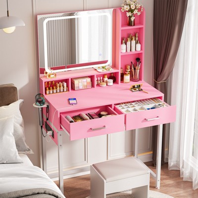 Aheaplus Makeup Vanity Desk with LED Light Mirror, Dressing Table with Charging Station and Drawers