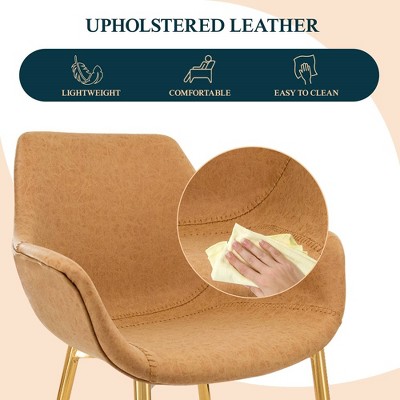 Light Brown High Metal Arm Chair with Faux Leather Upholstery