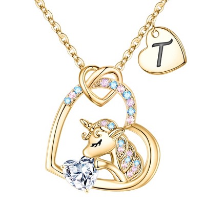 Turandoss Gold Heart Unicorn Necklace for Girls - Initial Zircon Pendant Necklace for Kids 4 -13 Year Old, Unicorn Birthday Gifts for Girls, 18+2.5In