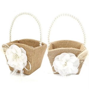 Attop 2PCS Burlap Flower Girl Basket with Pearl Handle for Vintage Rustic Wedding Ceremony Small White Lace Design Perfect for Bridal - 1 of 4