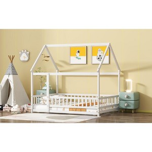 MAYEERTY Full House Floor Wooden Bed with Floor Frames, Safety Guardrails White - 1 of 4