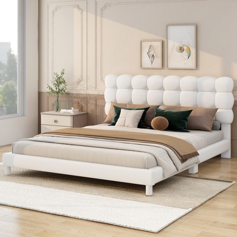 Full Size Upholstered Platform Bed With Soft Headboard, White ...