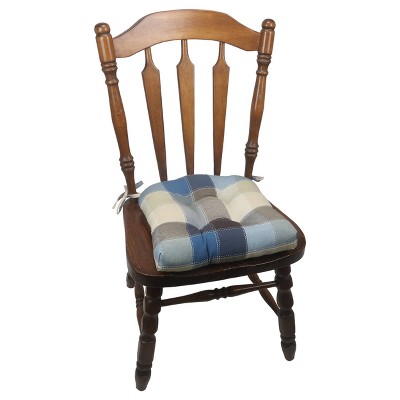 Cobalt Blue Harris Plaid Woven Chair Pads with Tiebacks, Set of 4