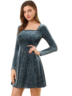 Allegra K Women's Stars Print Square Neck Vintage Velvet Mini Dress