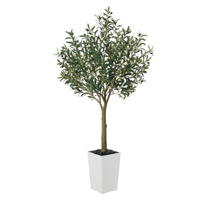 DR.Planzen 5-8FT Adjustable Artificial Olive Tree - UV Resistant Fake Plant in 15.7-22.7" Tall Planter (B/W/Coffee) for Indoor/Outdoor