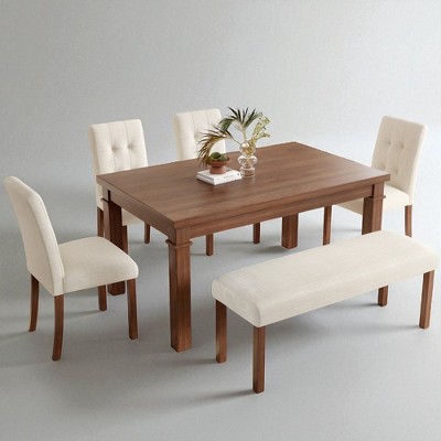 6-Piece Modern Dining Table Set with Bench and 4 Upholstered Chairs, Solid Wood Frame, Rectangular Kitchen Table for Dining Room, Farmhouse