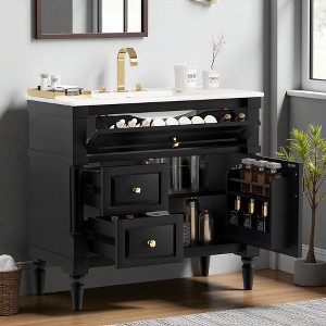 Mshliw 36" Freestanding Bathroom Vanity with Ceramic Sink, Flip Drawer, 2 Storage Drawers & Adjustable Shelf, Solid Rubberwood Frame - 1 of 4