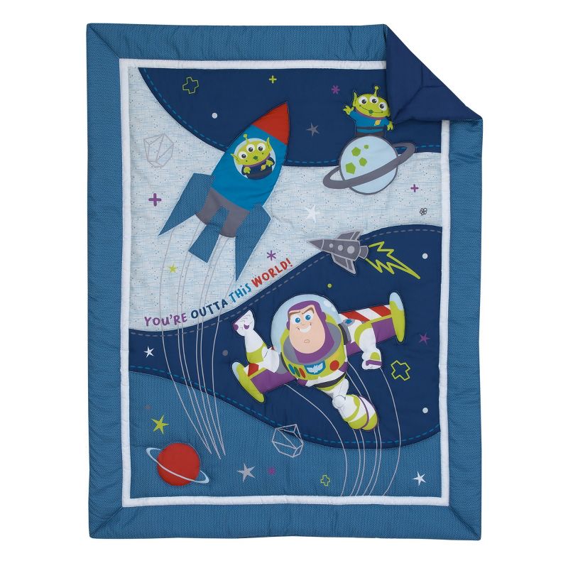 Disney Toy Story Outta This World Blue and Gray 3 Piece Nursery Crib Bedding Set - Comforter,  Fitted Crib Sheet, and Crib Skirt, 2 of 7