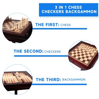 GSE Wooden 3-in-1 Chess Checkers Backgammon Table, Chess Checkers Backgammon Combo Game Set