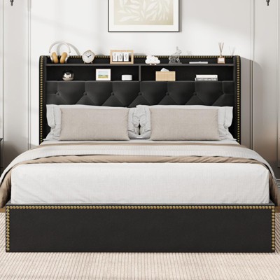 Full Size Bed Frame with Storage Drawers, Velvet Full Platform Bed with Tufted Headboard and Nailhead Trim Design