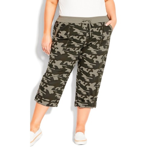 Women's Plus Size Cotton Roll Up Camo Capri - Khaki Camo | Avenue : Target