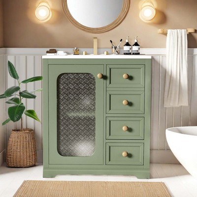 NicBex 30" Bathroom Vanity with Ceramic Sink, Bathroom Cabinet Storage with 1 Glass Cabinet Doors and Adjustable Shelf, 3 Drawers for Bathroom, Green