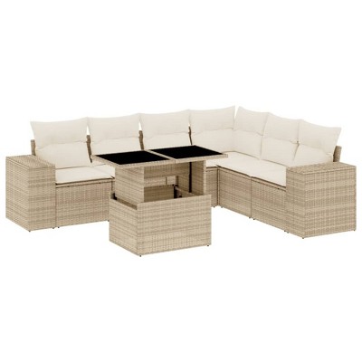 vidaXL 7 Piece Patio Sofa Set with Cushions Beige and Cream Poly Rattan - Without Storage