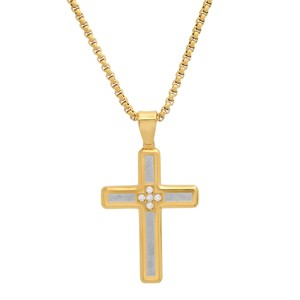 Steeltime 24" Men's two tone stainless steel sand dusted cross pendant with  simulated diamonds. Color Options: Silver, Gold - 1 of 4