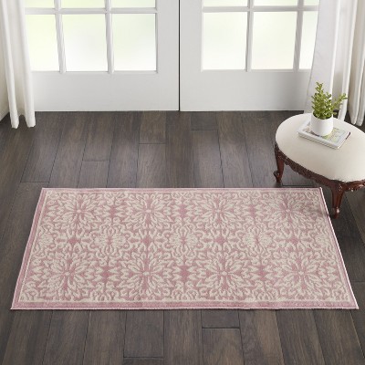 Hand-Knotted Ivory/Pink Floral Synthetic Easy-Care Rug 2' x 4'
