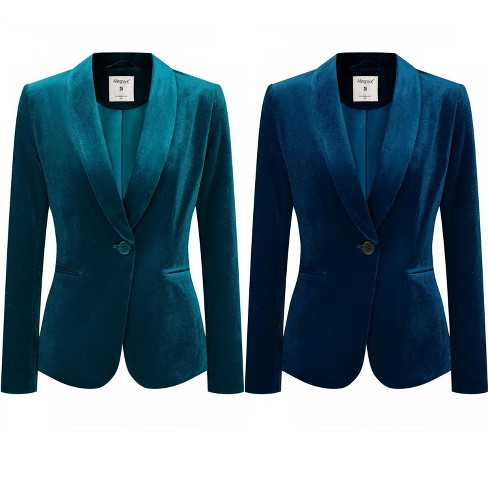 INSPIRE CHIC Women's Christmas Office Solid Shawl Collar Jetted Pockets One Button Velvet Blazer 2 Packs - image 1 of 4