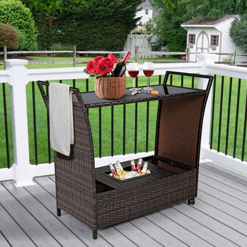 Costway Patio Rattan Bar Serving Cart Wheels Ice Bucket Glass Top